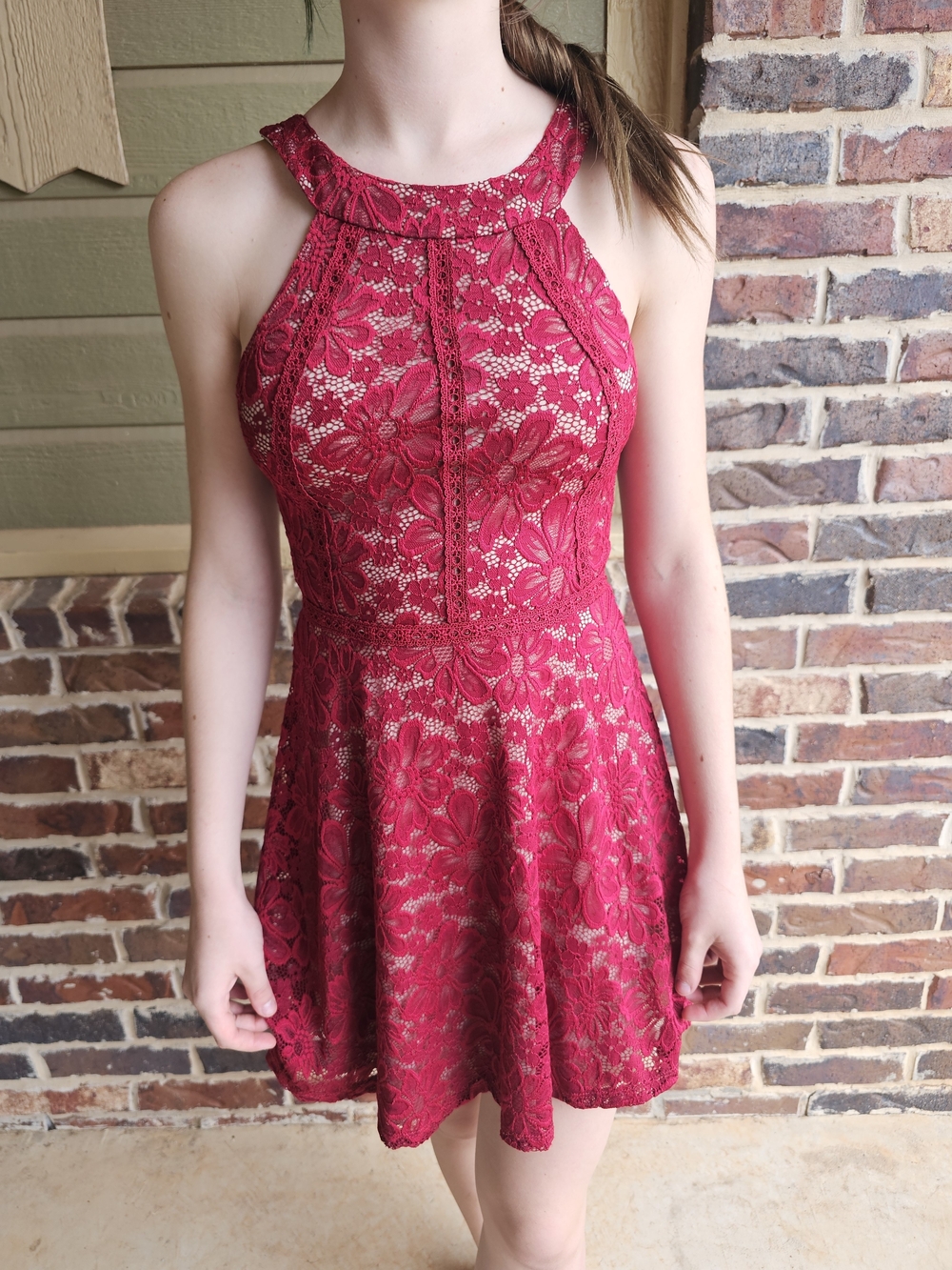 Crystal Doll Red Floral Lace Halter Mini Dress